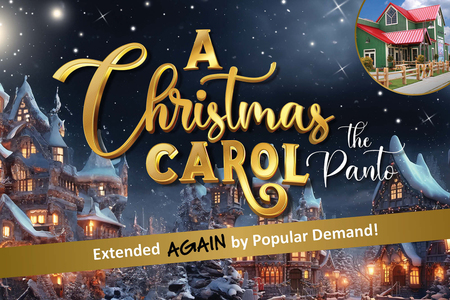 A snowy village with gold lettering that reads