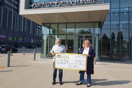 Artistic Director Alex Mustakas Presents Cheque to September 50/50 Winner Carol Boyd<