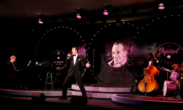 Jim Hodgkinson, Michael Vanhevel, Junio Riggan, and Kevin Dempsey in The Crooner, Drayton Entertainment, 2022 Season. Conceived and Directed by Alex Mustakas, Musical Arrangements by Mark Payne, Music Direction by Jim Hodgkinson, Set Design by Dayton Taylor, Costume Design by Jenine Kroeplin, Lighting Design by Jeff JohnstonCollins, Stage Manager Nadene Riehl, Apprentice Stage Manager Molly Mück.