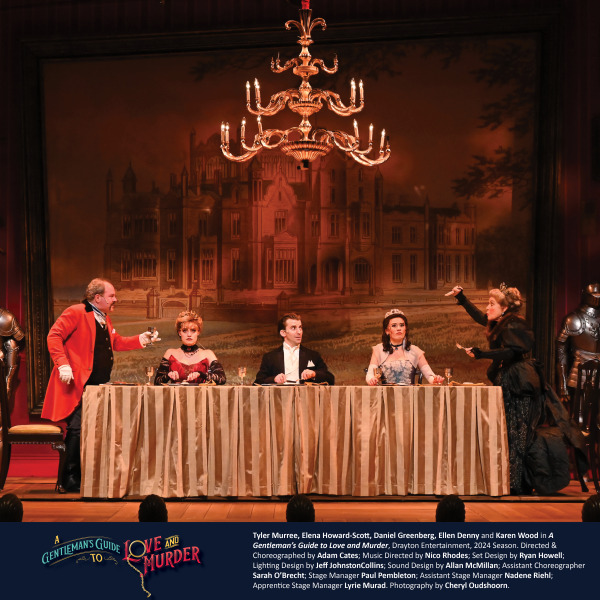 In this image from A Gentleman's Guide to Love and Murder, five characters are seated at a long dining table, with a grand castle painting as the backdrop. The man on the far left, dressed in a red coat, raises a glass as he interacts with a seated woman in a royal gown. The other characters look shocked or engaged in conversation, with one woman on the far right standing and gesturing dramatically. The set includes suits of armor, giving the scene an opulent, formal atmosphere, while the chandelier above adds to the grandeur.