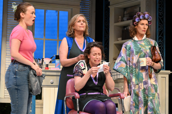 A dramatic scene from Steel Magnolias with four people in a beauty salon, one seated and visibly upset while the others stand around them, each with varied expressions of concern and surprise
