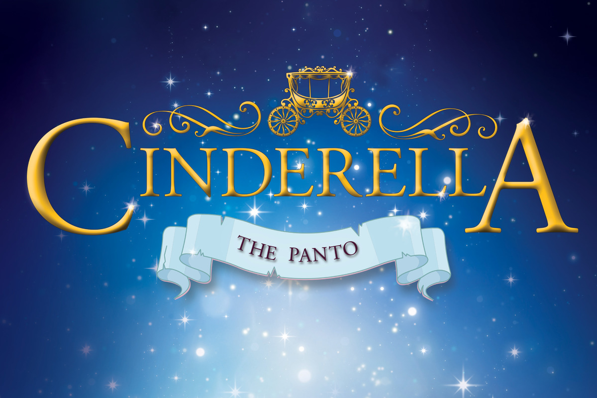 This promotional image for Cinderella: The Panto features the title in bold, white letters against a sparkling background. The backdrop transitions from warm golden hues at the top to cool blues at the bottom, creating a magical and festive atmospher