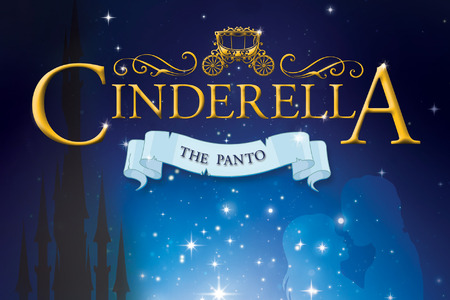 This promotional image for Cinderella: The Panto features the title in bold, white letters against a sparkling background. The backdrop transitions from warm golden hues at the top to cool blues at the bottom, creating a magical and festive atmospher