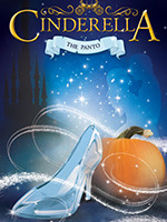 This promotional image for Cinderella: The Panto features the title in bold, white letters against a sparkling background. The backdrop transitions from warm golden hues at the top to cool blues at the bottom, creating a magical and festive atmospher