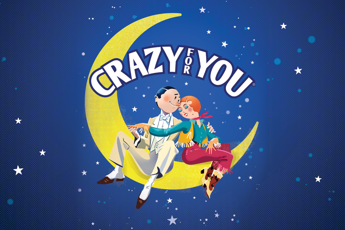 This promotional image for Crazy for You features the title in bold, white letters against a sparkling, bokeh background. The backdrop transitions from warm golden tones at the top to cool blues at the bottom, evoking a lively and festive atmosphere.