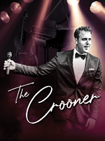 This promotional image for The Crooner features the title in bold, white letters against a sparkling bokeh background. The backdrop transitions from warm gold and pink tones at the top to cool blue hues at the bottom, creating a glamorous and vintage