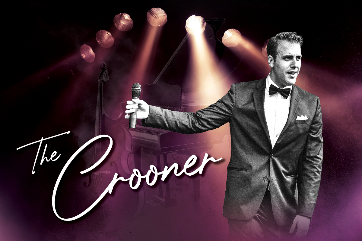 This promotional image for The Crooner features the title in bold, white letters against a sparkling bokeh background. The backdrop transitions from warm gold and pink tones at the top to cool blue hues at the bottom, creating a glamorous and vintage