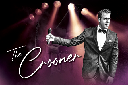 This promotional image for The Crooner features the title in bold, white letters against a sparkling bokeh background. The backdrop transitions from warm gold and pink tones at the top to cool blue hues at the bottom, creating a glamorous and vintage