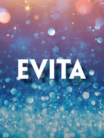 This promotional image for Evita features the title in bold, white letters against a sparkling background. The backdrop transitions from warm golden hues at the top to cool blues at the bottom, creating a glamorous and dramatic atmosphere. The light