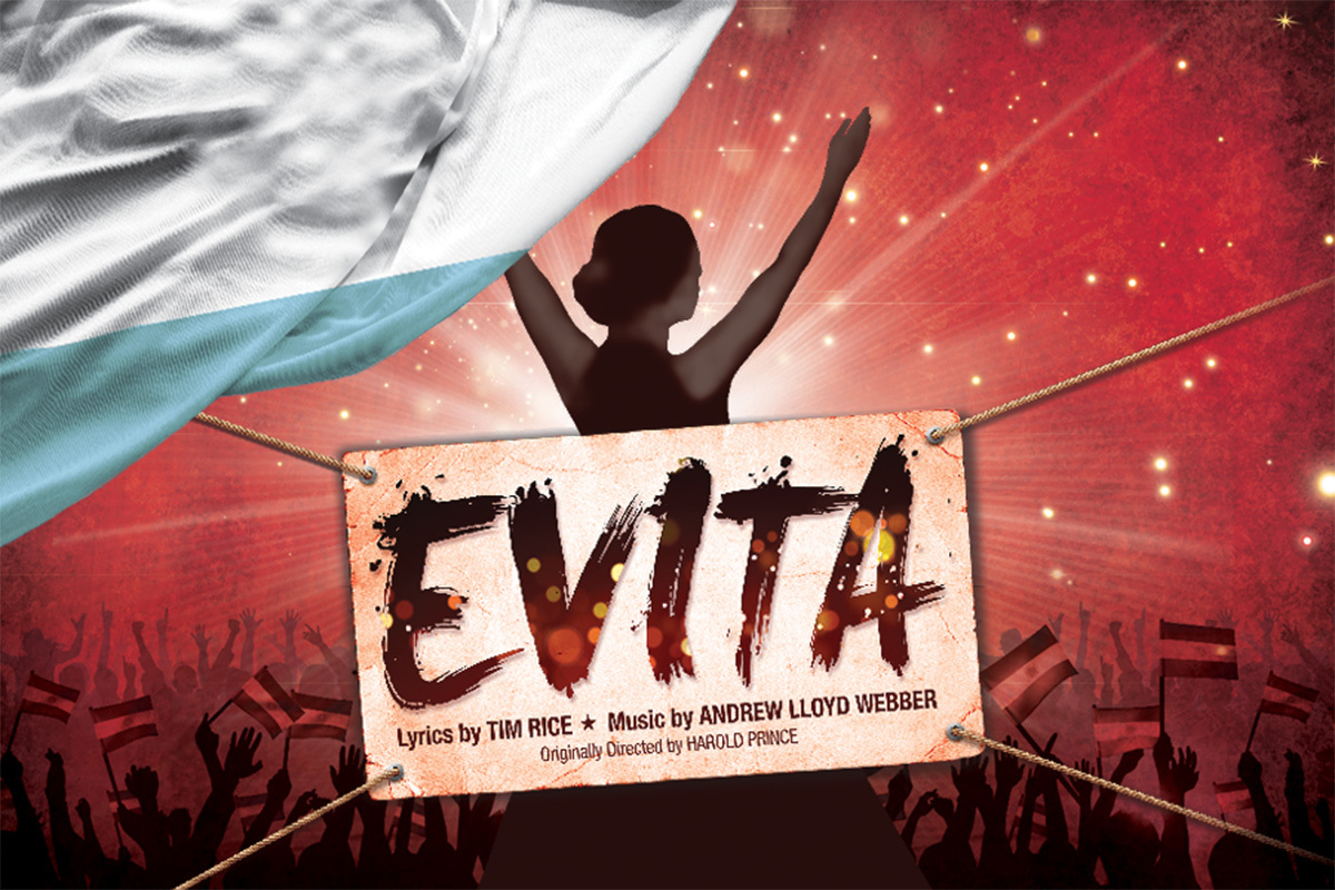 This promotional image for Evita features the title in bold, white letters against a sparkling background. The backdrop transitions from warm golden hues at the top to cool blues at the bottom, creating a glamorous and dramatic atmosphere.