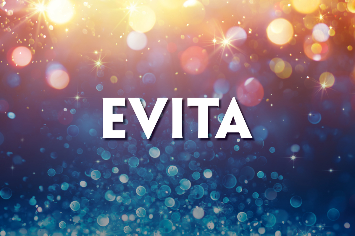 This promotional image for Evita features the title in bold, white letters against a sparkling background. The backdrop transitions from warm golden hues at the top to cool blues at the bottom, creating a glamorous and dramatic atmosphere. The light