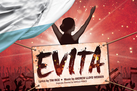 This promotional image for Evita features the title in bold, white letters against a sparkling background. The backdrop transitions from warm golden hues at the top to cool blues at the bottom, creating a glamorous and dramatic atmosphere. The light