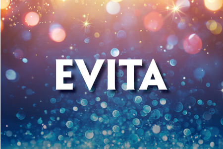 This promotional image for Evita features the title in bold, white letters against a sparkling background. The backdrop transitions from warm golden hues at the top to cool blues at the bottom, creating a glamorous and dramatic atmosphere. The light