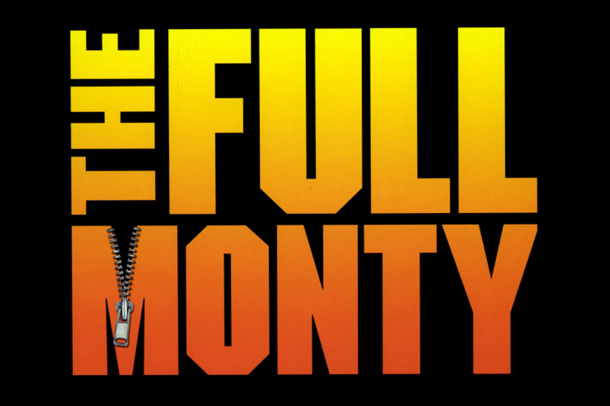 This promotional image for The Full Monty features the title in bold, white letters against a sparkling background. The backdrop transitions from warm golden hues at the top to cool blues at the bottom, with shimmering bokeh lights adding a vibrant a