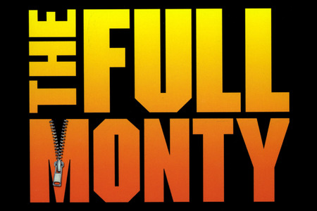 This promotional image for The Full Monty features the title in bold, white letters against a sparkling background. The backdrop transitions from warm golden hues at the top to cool blues at the bottom, with shimmering bokeh lights adding a vibrant a