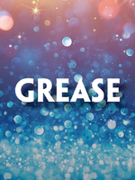 This promotional image for Grease features the title in bold, white letters against a sparkling, bokeh background. The backdrop transitions from warm golden tones at the top to cool blues at the bottom, creating a fun and lively atmosphere. The glowi