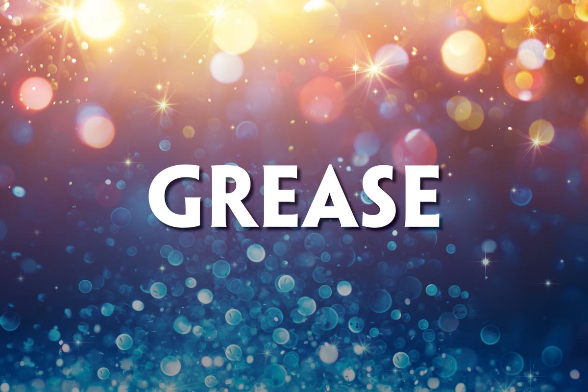 This promotional image for Grease features the title in bold, white letters against a sparkling, bokeh background. The backdrop transitions from warm golden tones at the top to cool blues at the bottom, creating a fun and lively atmosphere. The glowi