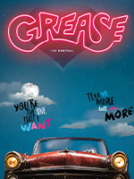 This promotional image for Grease features the title in bold, white letters against a sparkling, bokeh background. The backdrop transitions from warm golden tones at the top to cool blues at the bottom, creating a fun and lively atmosphere. The glowi