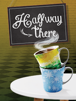 This promotional image for Halfway There features the title in bold, white letters against a sparkling bokeh background. The backdrop transitions from warm golden tones at the top to cool blue hues at the bottom, creating a vibrant and lively atmosph