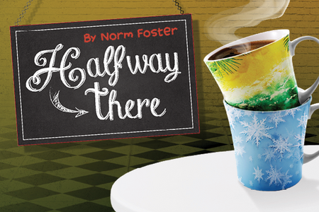 This promotional image for Halfway There features the title in bold, white letters against a sparkling bokeh background. The backdrop transitions from warm golden tones at the top to cool blue hues at the bottom, creating a vibrant and lively atmosph