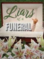 This promotional image for Liars at a Funeral features the title in bold, white letters against a sparkling, bokeh background. The backdrop transitions from warm golden hues at the top to cool blues at the bottom