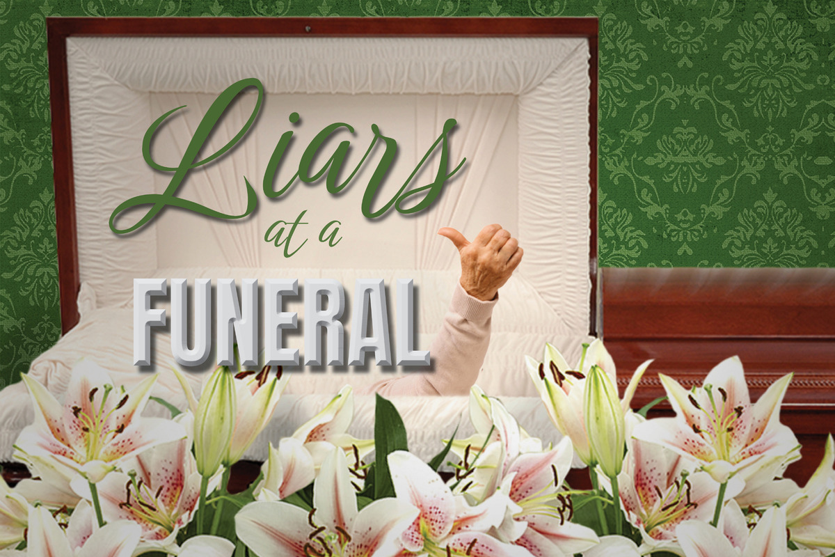 This promotional image for Liars at a Funeral features the title in bold, white letters against a sparkling, bokeh background. The backdrop transitions from warm golden hues at the top to cool blues at the bottom