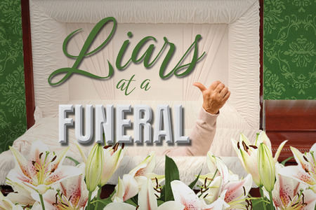 This promotional image for Liars at a Funeral features the title in bold, white letters against a sparkling, bokeh background. The backdrop transitions from warm golden hues at the top to cool blues at the bottom