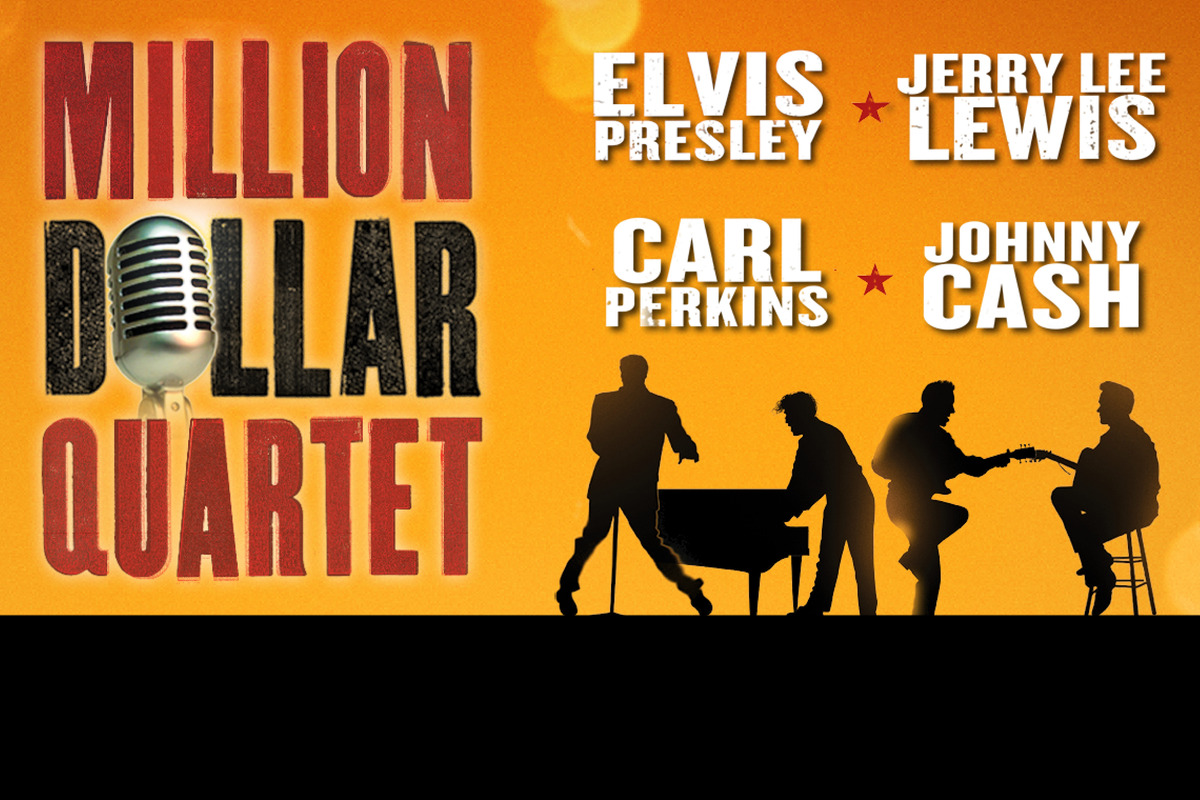 This promotional image for Million Dollar Quartet features the title in bold, white letters against a sparkling, bokeh background. The backdrop transitions from warm golden tones at the top to cool blues at the bottom, with glowing lights creating a