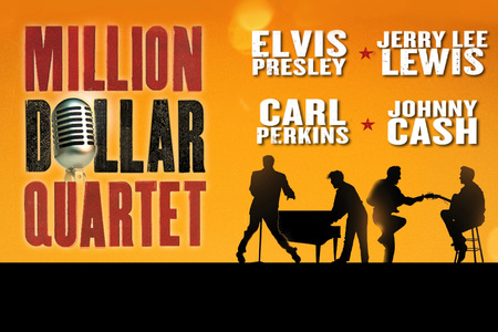 This promotional image for Million Dollar Quartet features the title in bold, white letters against a sparkling, bokeh background. The backdrop transitions from warm golden tones at the top to cool blues at the bottom, with glowing lights creating a