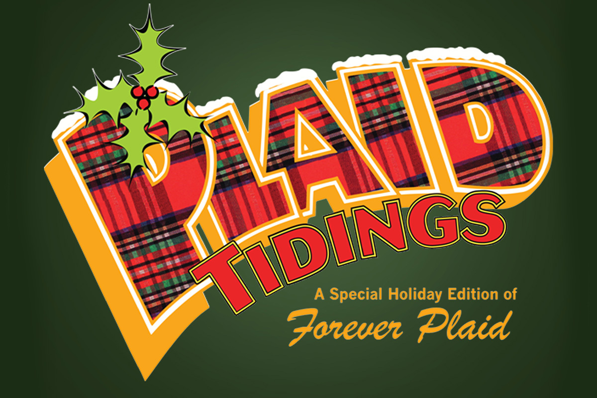 Title graphic for the show Plaid Tidings. The text is in white block letters against a sparkling background with a gradient of warm yellow, orange, and cool blue tones