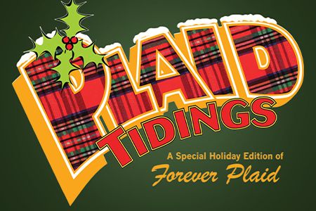 Title graphic for the show Plaid Tidings. The text is in white block letters against a sparkling background with a gradient of warm yellow, orange, and cool blue tones