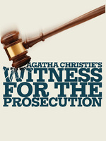 Title graphic for the play Witness for the Prosecution. The text appears in bold white letters against a sparkling background of blue and gold lights, creating a dreamy, ethereal effect.