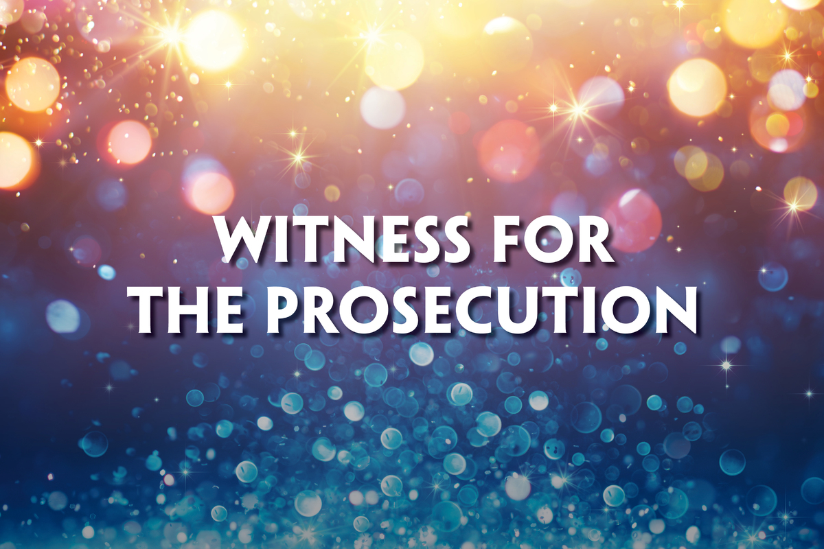 Title graphic for the play Witness for the Prosecution. The text appears in bold white letters against a sparkling background of blue and gold lights, creating a dreamy, ethereal effect.