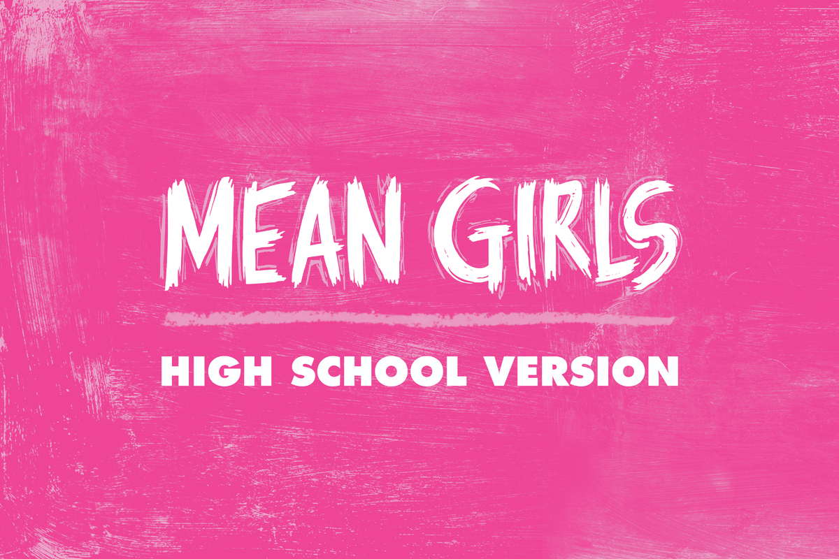 Alt text for image:  A promotional graphic for the High School Musical Production of Mean Girls. The text is displayed in large, bold, white letters, set against a sparkling background with bokeh lights in shades of blue, purple, and gold